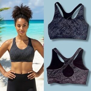 Tek Gear Sports Bra High-Impact Gray Patterned Racerback Keyhole Cutout Size L